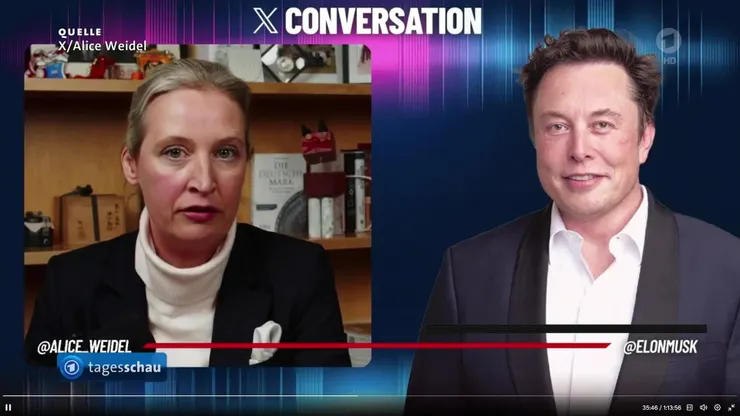 Alice Weidel 與 Elon Musk 在 X 平台上對談，影片也可以已經上傳到 Alice Weidel 自己的 YouTube 頻道