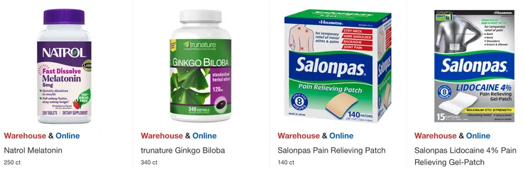 左起折扣後價格：褪黑激素 $14.99、銀杏 $15.99、薩隆巴斯貼布 $15.49、止痛凝膠貼片 $18.49。