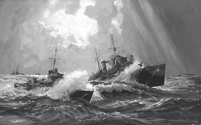 林伯恩號 (Limbourne ) （左）與卡律布狄斯號 (Charybdis)（右）在英吉利海峽大風雨中航行的繪畫