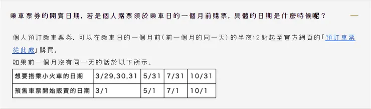 開放一個月前預約的相關規定(資料來源:嵯峨野トロッコ列車官網)
