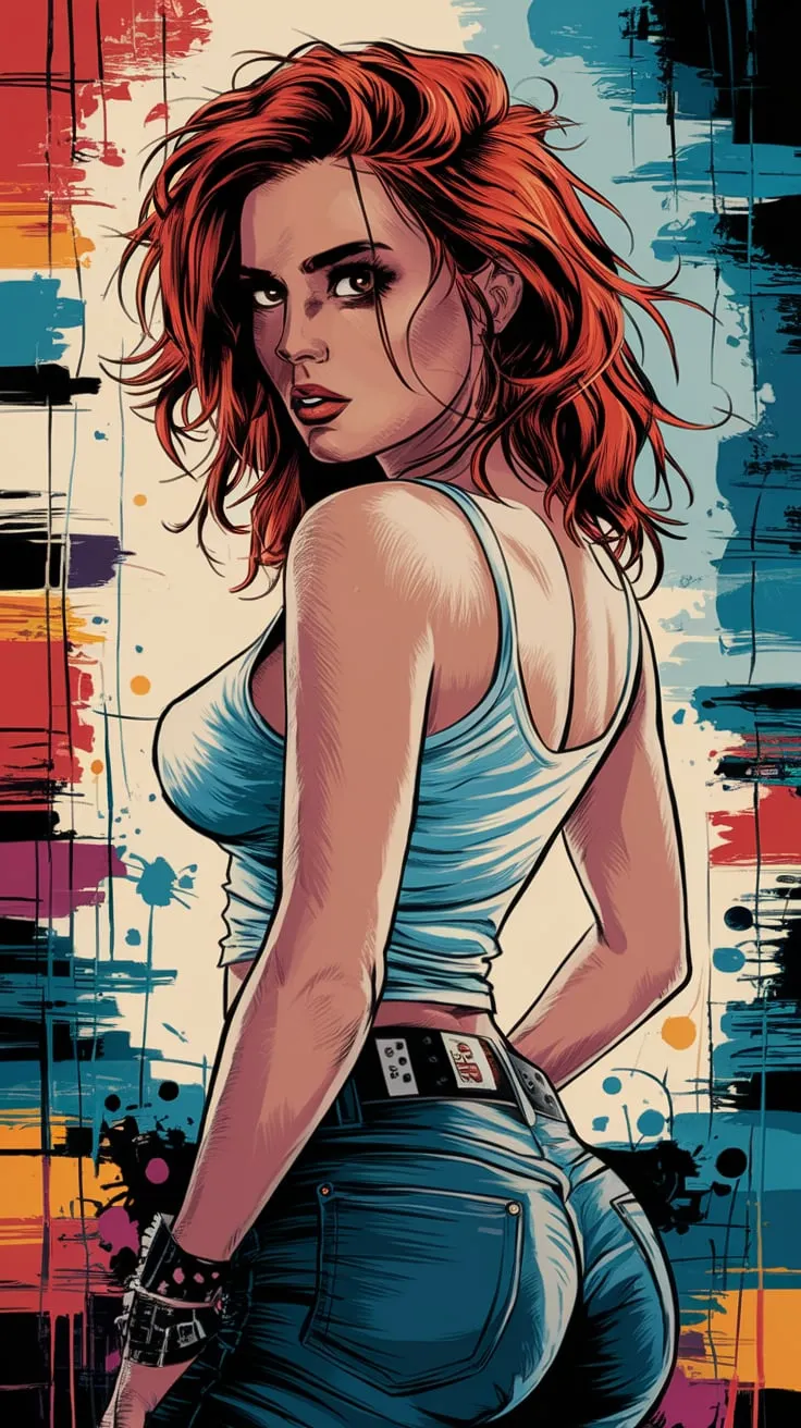 A pop abstract art painting of a biker punk redhead buxom woman standing with her hair flowing in the air. She has messy hair and is wearing a white tank top. She looks over her shoulder and has a haunting look. The background is chaotic, with colors and shapes. The overall image has a warm hue.