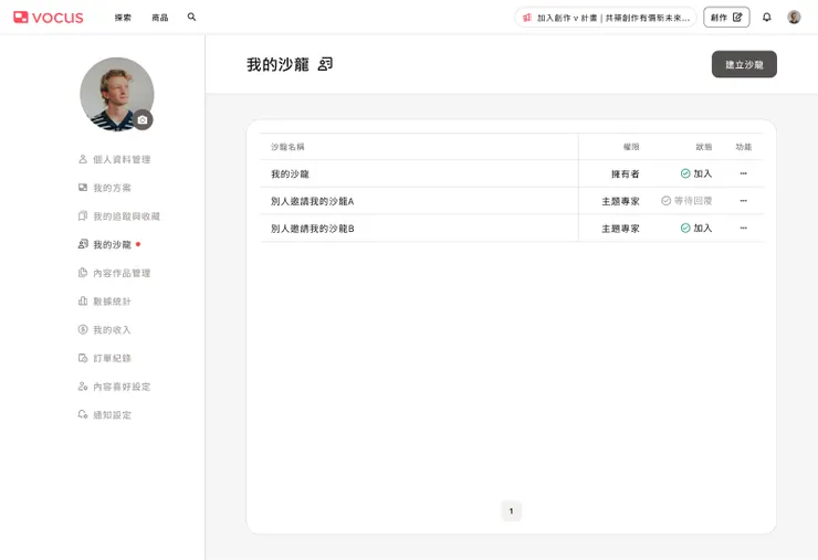 從沙龍後台，可以看到邀請別的創作者、以及被邀請共同創作的回覆狀態