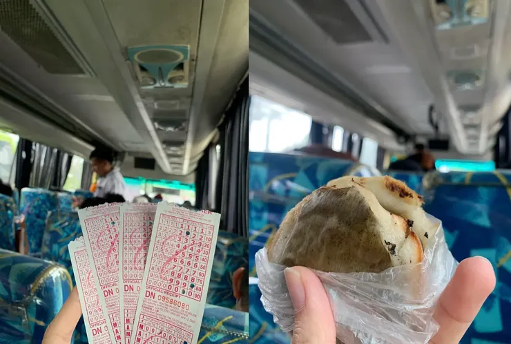 （左圖）車票。（右圖）有人上來販售的不確定是什麼的糕狀甜點