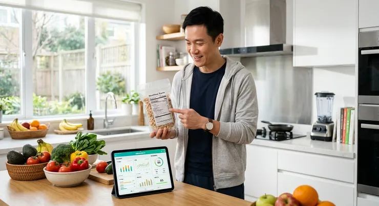 梁練偉在廚房比對食品營養標籤與健康數據，提供飲食建議。