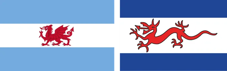 巴塔哥尼亞威爾斯人的旗幟，左邊為通用版，也是馬德林港的市旗；右邊則是近年逐漸復興的傳統版旗幟，同樣融合了代表威爾斯的紅龍與阿根廷國旗的底色。