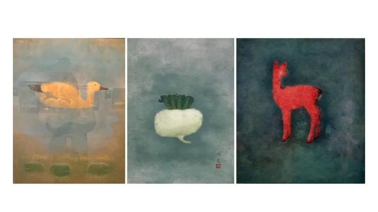 德岡神泉作品。 左：池｜1967年,福田美術館藏。中：蕪｜1942年,京都國立近代美術館藏。 右：仔鹿,1961年,東京國立近代美術館藏。