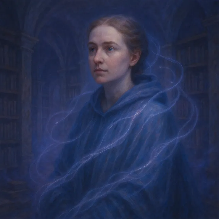 With each graceful step, Jane moved through the spectral veils that separated the present from the past. Colors around her shifted like watercolors merging in rain, muted violets blending gently into smoky blues, painting the corridors in delicate, haunting tones.