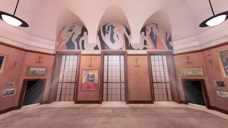 馬諦斯為Barnes Foundation創作壁畫。(圖片來源:https://unframed-collection.com/fr/experiences/danse-danse-danse)