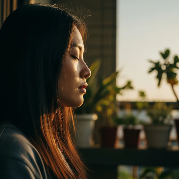 清晨冥想的女子在晨曦中越顯寧靜