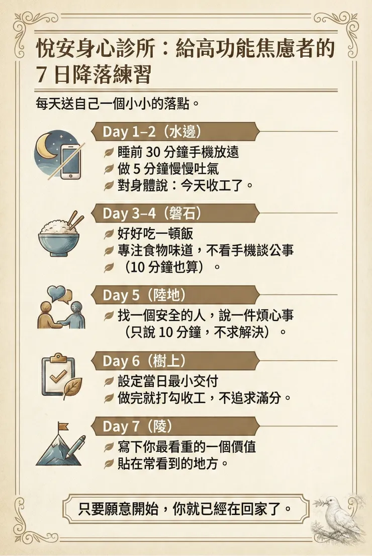 圖說｜ 這是一組借鏡「行為活化」的先做一小步，以及正念取向的把注意力帶回身體的微練習；目標是幫神經系統每天多一個可落地的錨點