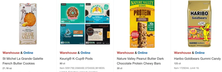 法式奶油餅乾$54.99,K-Cup咖啡$35.99,花生奶油巧克力棒$13.99,熊熊軟糖$12.49。