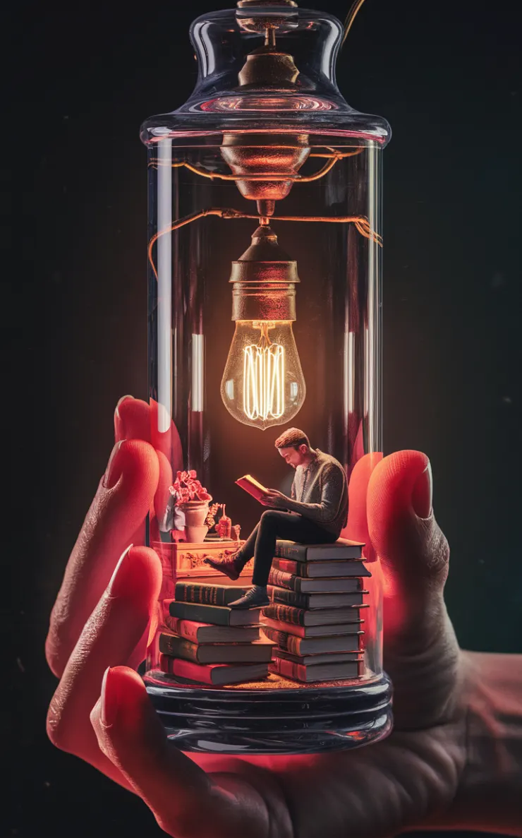 A mesmerizing 3D render showcases a transparent glass tube, delicately held by a hand, containing a captivating miniature diorama. Within the enclosed space, a man is seated on a pile of books, completely engrossed in reading. An antique-style light bulb hangs overhead, casting a warm, golden glow that illuminates the intimate scene. The vibrant colors and intricate details create a surreal and captivating atmosphere, as if the viewer has entered a world within a world., photo, vibrant, 3d render, cinematic