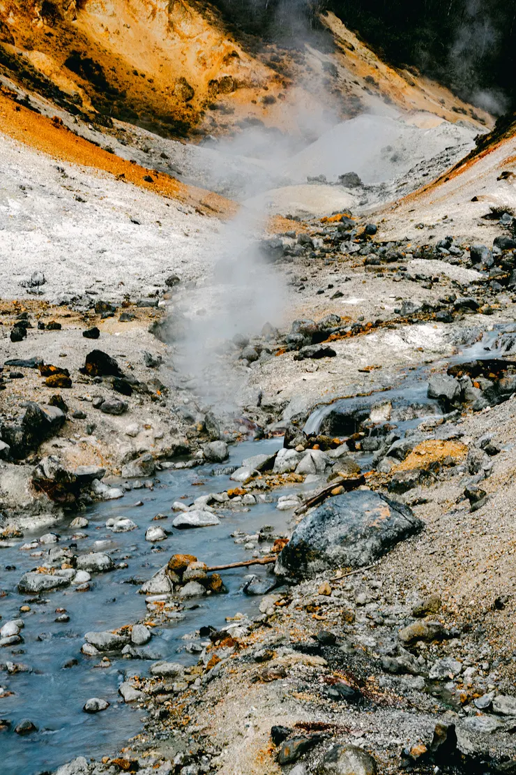 黃色的岩石跟藍色的溫泉水
