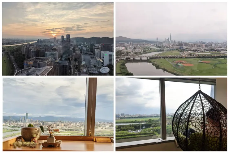 內湖總公司的一些窗景,可以看到一條蜿蜒的河、從松山機場起降的飛機。