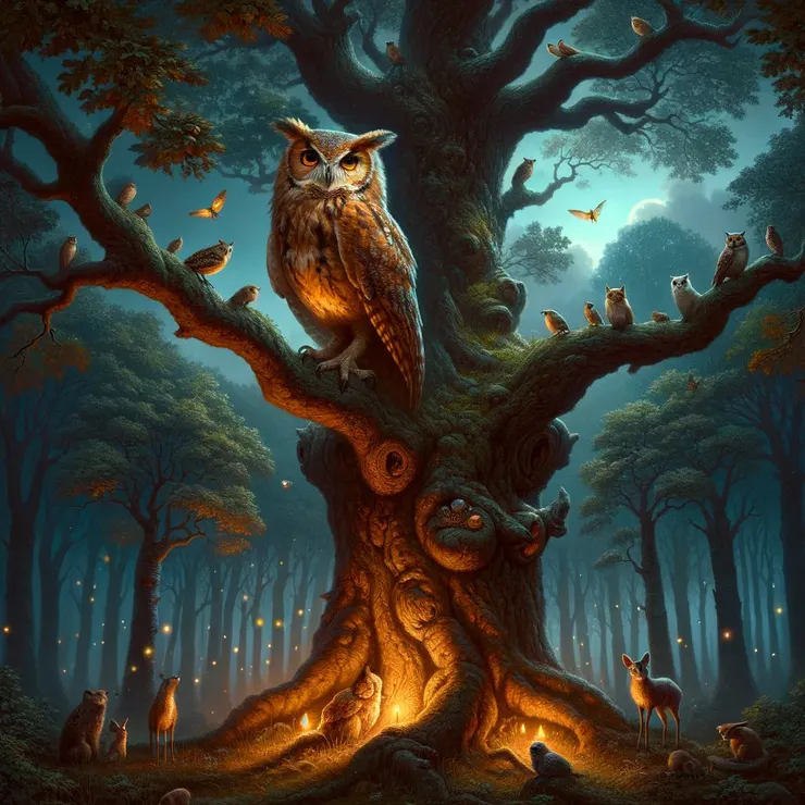 In a mystical forest at twilight, an ancient oak tree stands tall against the fading light of the sky.
