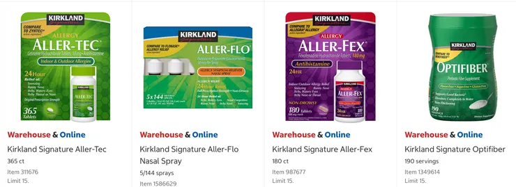Kirkland 抗過敏藥 $11.99、Kirkland 抗過敏鼻噴劑 $19.99、Kirkland Aller-Fex 抗組織胺藥 $27.49、Kirkland 膳食纖維 $14.99。