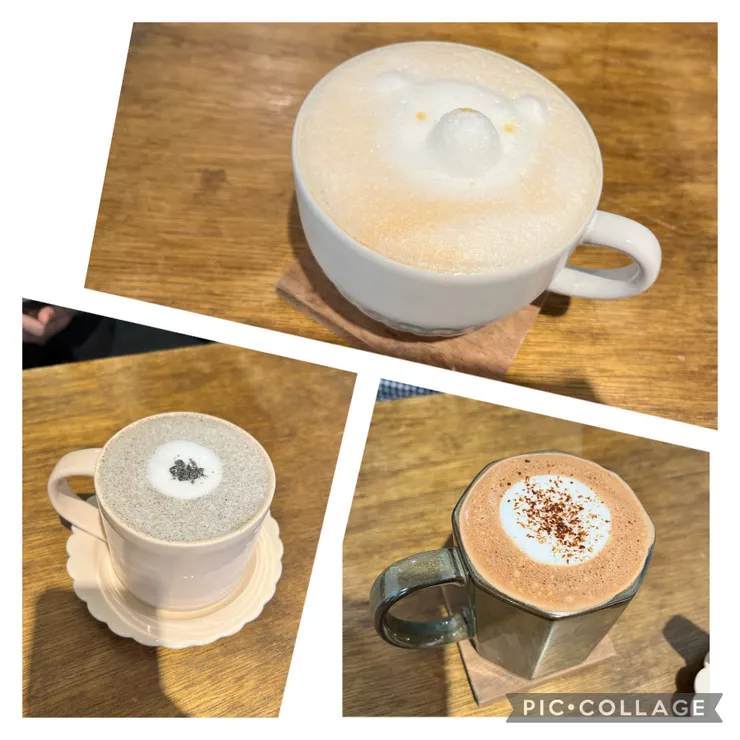 飲料們，上面是鍋煮奶茶，左下黑芝麻拿鐵、右下巧克力拿鐵。