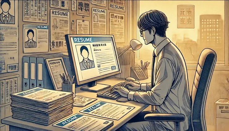 中高齡職場人坐在電腦前專心修改履歷,象徵職場轉換與重新出發。