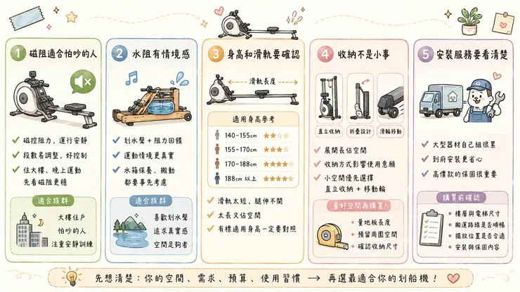 居家划船機怎麼挑？磁阻、水阻、滑軌長度先看