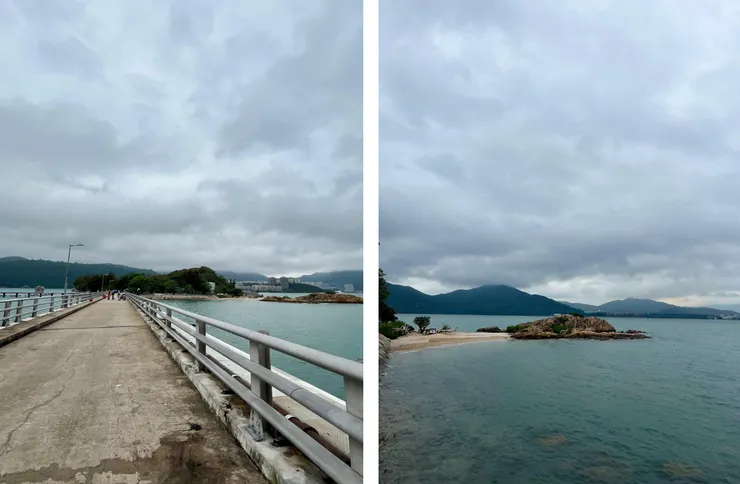 左:連接兩座島的長橋;右:大利島上的迷你海灘