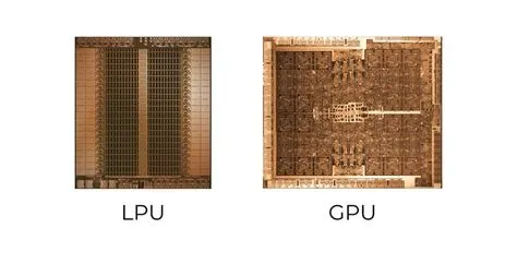 LPU 與傳統 GPU 晶片的外觀對比。