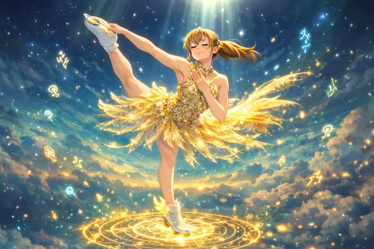 圖片經 AI 重繪。原始來源：歐新社。在星光雲海之上，她單足踏著發光法陣，高抬腿劃出自由的弧線。金色光紗隨著旋轉灑落笑意般的星塵。這不是一場考驗，而是一場屬於她的創造冒險——每一次舞動，都是玩心點亮世界的瞬間。