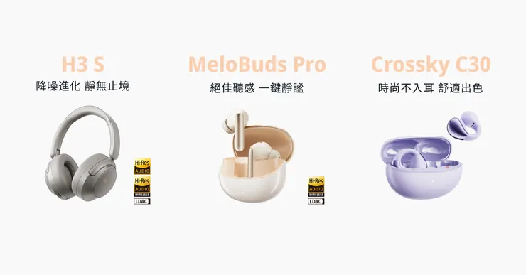 QCY 年度熱銷明星產品示意圖，涵蓋開放式、主動降噪與頭戴式耳機