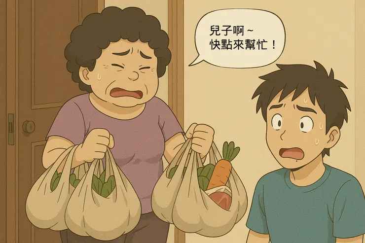 「兒子啊～！快點來幫忙，重死了......」