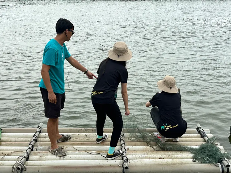 在魚塘放捕蝦網。