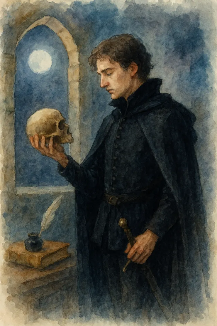 Hamlet soliloquy — watercolor style. AI-generated with ChatGPT.