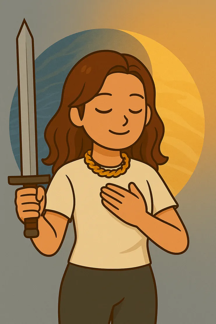 一手持劍，一手覆心。 我慢慢學著，站在水光與日光交融的背景裡， 體會著剛硬與柔和並存。 這並不是矛盾，而是一種修行的提醒—— 真正的力量，不是只靠劍的鋒利， 而是能在心口安放柔軟，讓兩者合一。  至於「融合」究竟是什麼模樣？ 或許沒有一定的標準答案， 而是要靠我自己慢慢領悟。 畢竟，我從宮廟修行時期開始， 就一直是那個愛問「為什麼」的麻煩學生呀 🤣