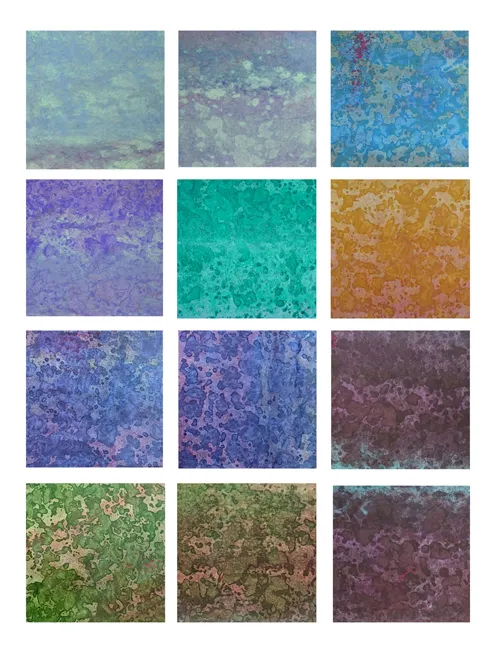積吶虹光〈虹磚-雲紋路〉，2019年，壓克力顏料、紙，每一幅34 X34 cm (合計12幅)。雲代表柔軟、夢幻和自由，賦予作品一種輕柔、飄渺的感覺，同時讓人聯想到天空和大自然的意象，將雲朵、虹與磚元素相結合的藝術風格，透過色彩和形狀的變化，觀眾可以在其中感受到一場充滿生命力和夢幻色彩的藝術之旅。