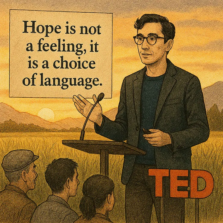 這是文思哲在演講第七場《希望不是感覺,是一種語言的選擇》的田野場景:他站在稻田邊的臨時木製講台上,夕陽灑落在山脈與金色稻穗之間,村民與年輕學者席地而坐,聆聽他以語言召喚希望。畫面充滿人文溫度與敘事張力,風格融合寫實與插畫筆觸。