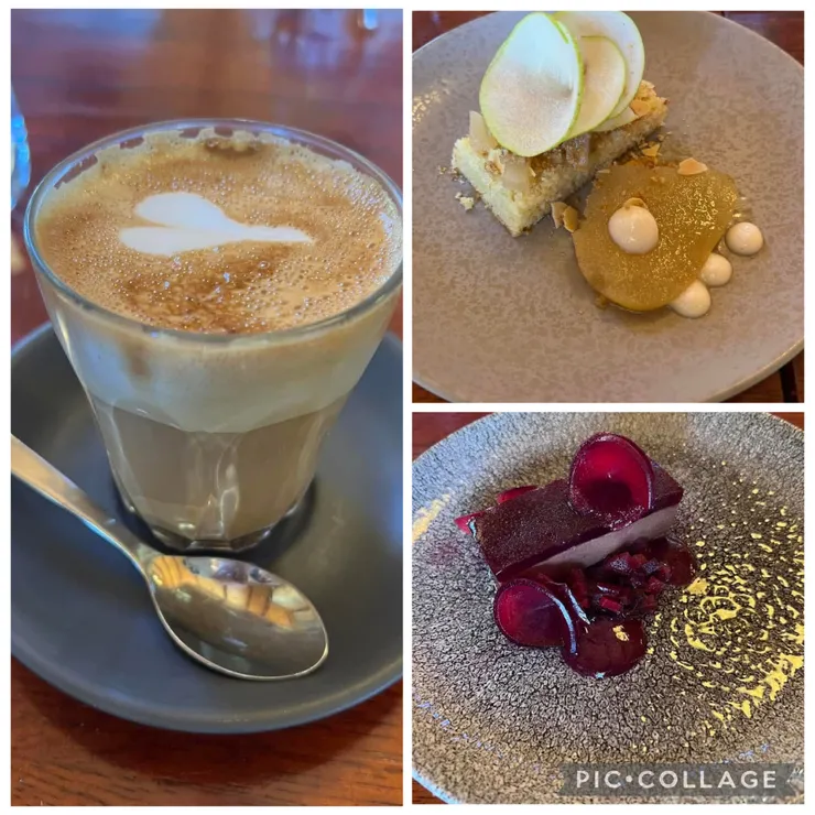 巧克力慕斯搭配李子、杏仁蛋糕搭配梨子