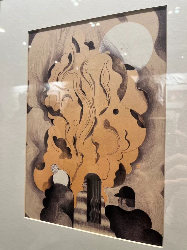 〈營火〉盛大火焰和明亮的月光成為主角,唯一的視線帶來特別的神祕感