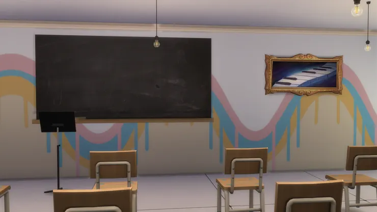 音樂室我特意用了流線形圖案，像五線譜的壁紙，顏色也較柔和。