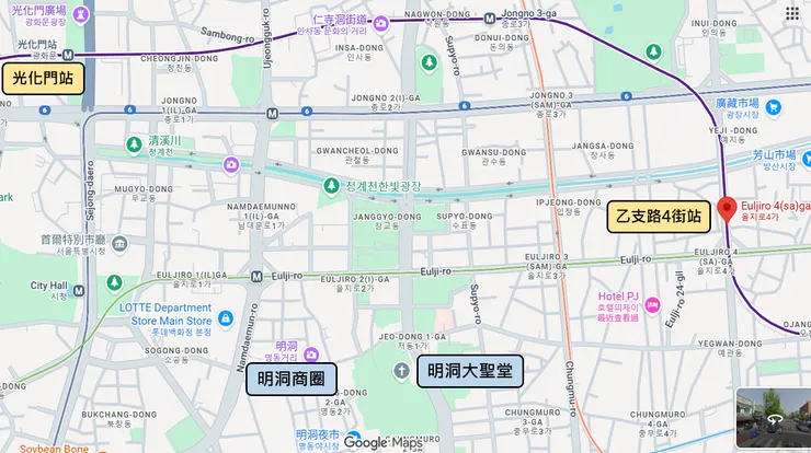 光化門、明洞大聖堂及明洞商圈相對位置