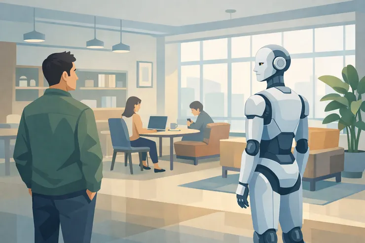 同一個空間裡,人與人形機器人都「看起來很正常」地存在,界線在日常中慢慢變得不清楚。