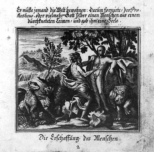 「製造人類」，出自1676年版的《變形記》（德語版），由法蘭斯瓦‧秀佛繪畫插圖