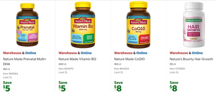 孕期葉酸+DHA $22.99、維他命 B12 $23.99、Q10 $37.99、生髮營養劑 $36.99。