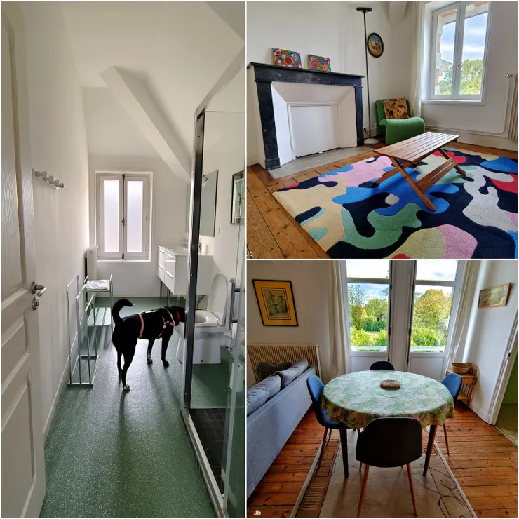 【民宿的公用空間，左衛浴、右上客廳、右下為介於客廳與廚房的餐廳。】