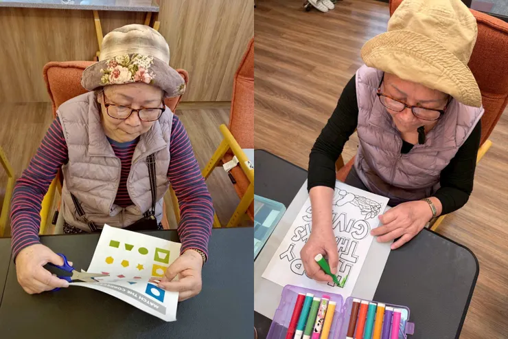 （圖說：寶玉阿嬤在工作人員的鼓勵下，拿起剪刀、拾起畫筆，用創作豐富了晚年的色彩。圖/伊甸茂安頤福社區長照機構）