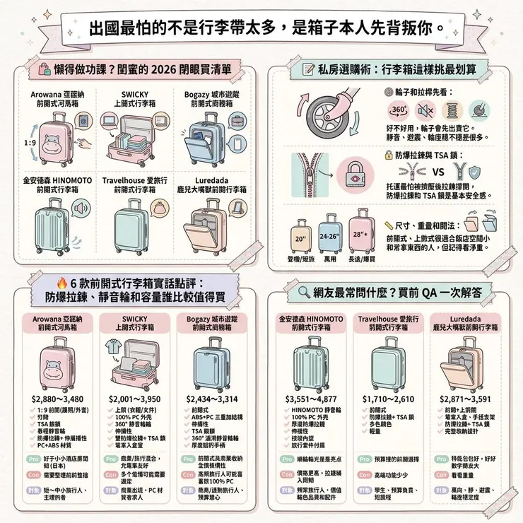 【旅行箱推薦】前開式好拿但會重嗎 🧳？6 款 Dcard/PTT 防爆拉鍊、靜音輪比較