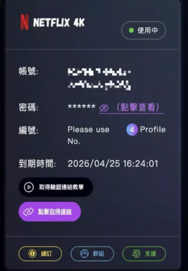 Premlogin訂閱Netflix資料畫面