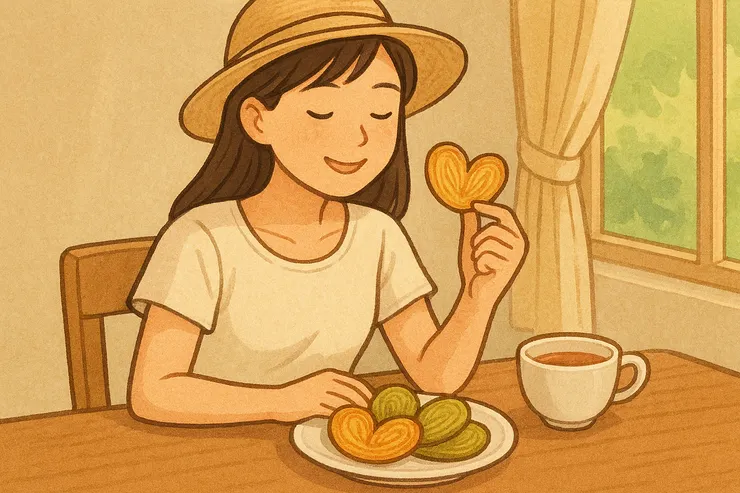 抹茶和芝麻口味的帝苑蝴蝶酥，配上阿薩姆紅茶，麥香和甘香，一拍即合。（插圖由 Copilot 協助創作）