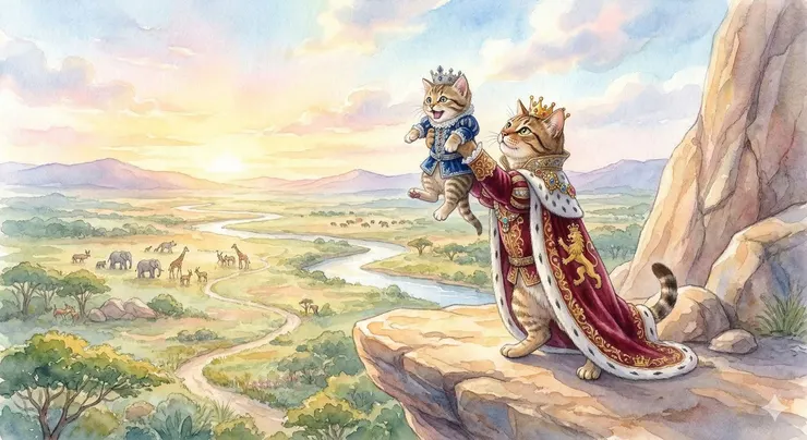 我猜虎斑貓國王在對小虎斑貓王子說:「看啊!一路到地平線盡頭,世界全是貓咪的領土。」(誤)