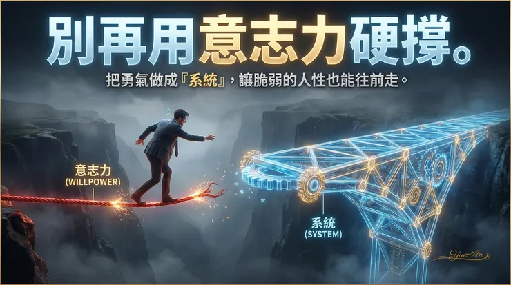 💡 臨床心理學視角： 意志力是一條不斷磨損的鋼索（Ego Depletion）。真正的解法不是逼自己更勇敢，而是建構穩定的「選擇架構（Choice Architecture）」，讓脆弱的人性也能安全著陸。