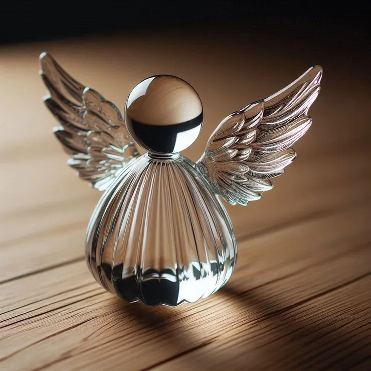 全身由玻璃製成的天使造型擺飾，夢中的飾品翅膀更大、身體更小 - By AI