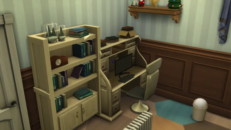 因為房間其中一個主色是啡色，也用上了很多木材，所以書桌和書櫃也一樣，好像一套的傢俱。