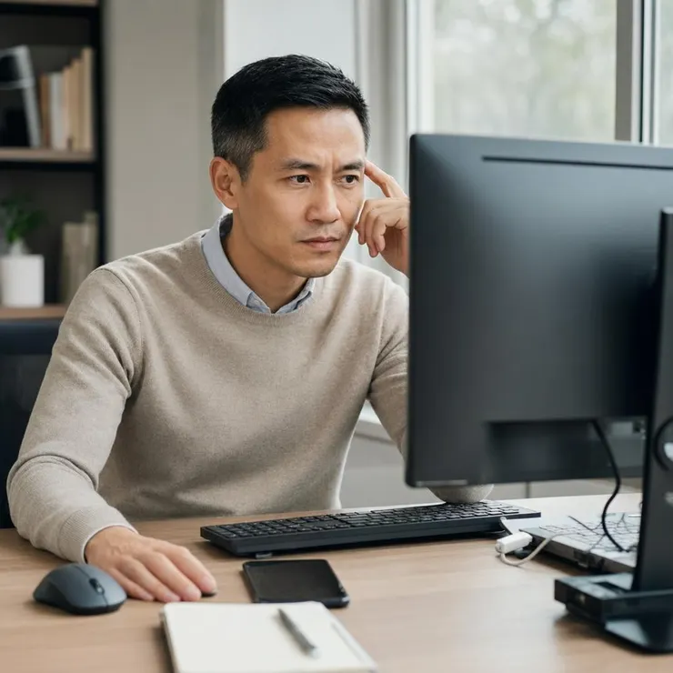 梁练伟面对杂乱屏幕思考如何优化重复任务，展现工作痛点。